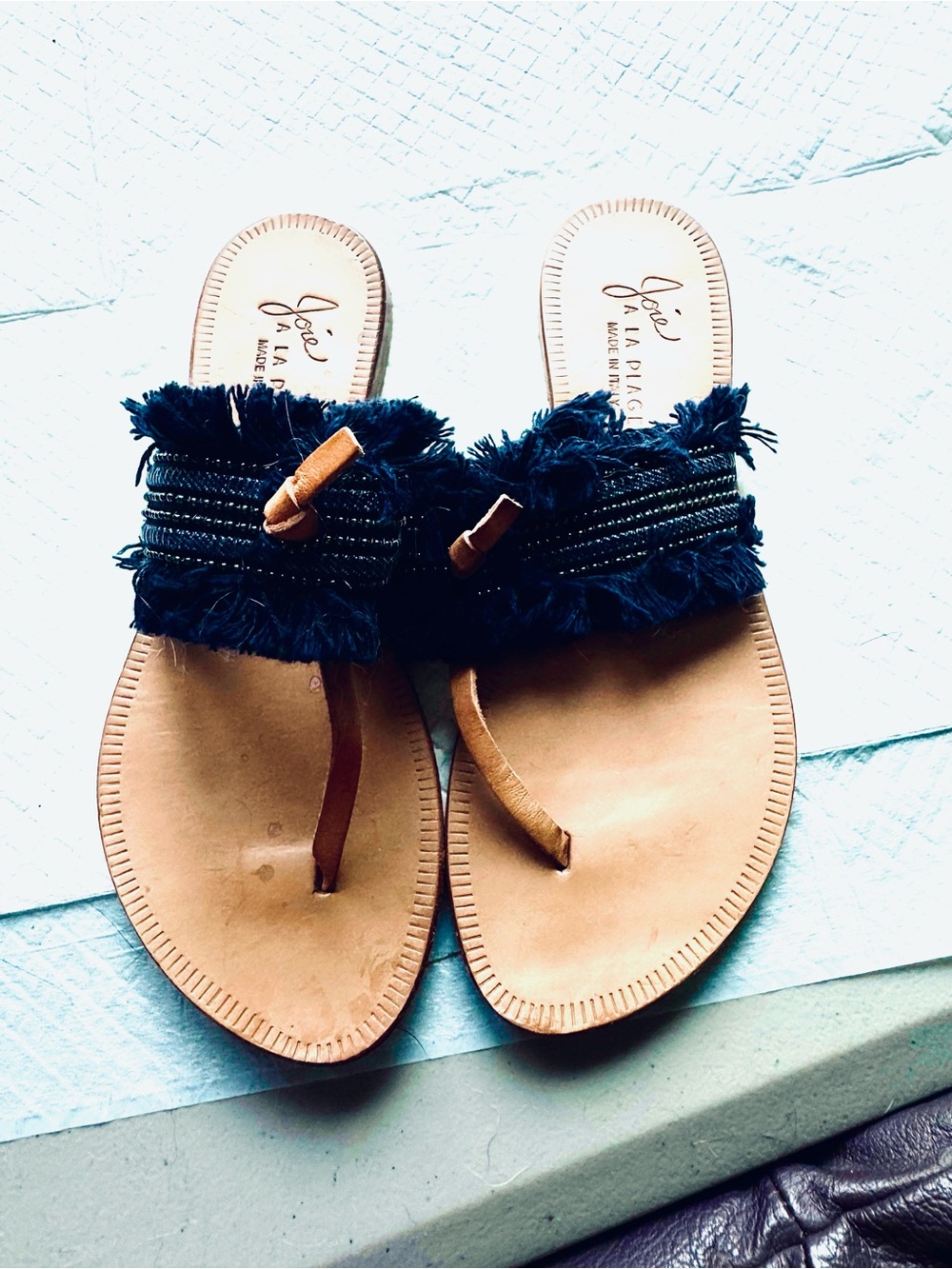 Joie Navy Fringed Toe-Loop Sandals with Tan Footbed
